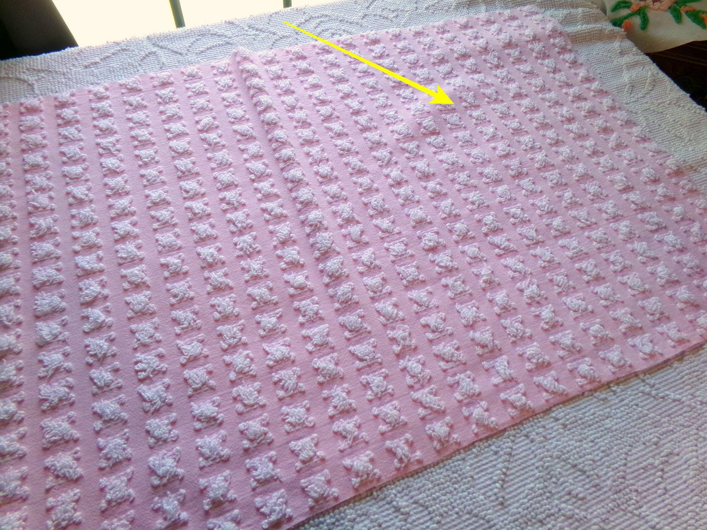 Carnation Pink White Rosebud Vintage Chenille Fabric, Soft Ombre Variations 18" x 25"