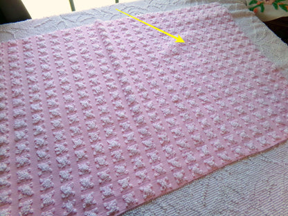 Carnation Pink White Rosebud Vintage Chenille Fabric, Soft Ombre Variations 18" x 25"