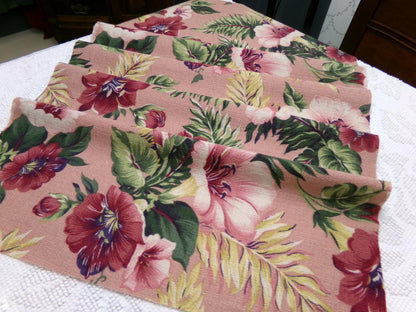 Vintage Barkcloth Fabric Mauve Tropical Hibiscus Floral Island Cottage Shabby 17x36"