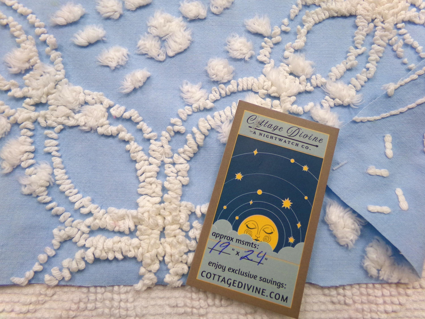 shabby coastal vintage chenille fabric, 19" x 24" piece w/ snow white pops & links on sky blue cotton