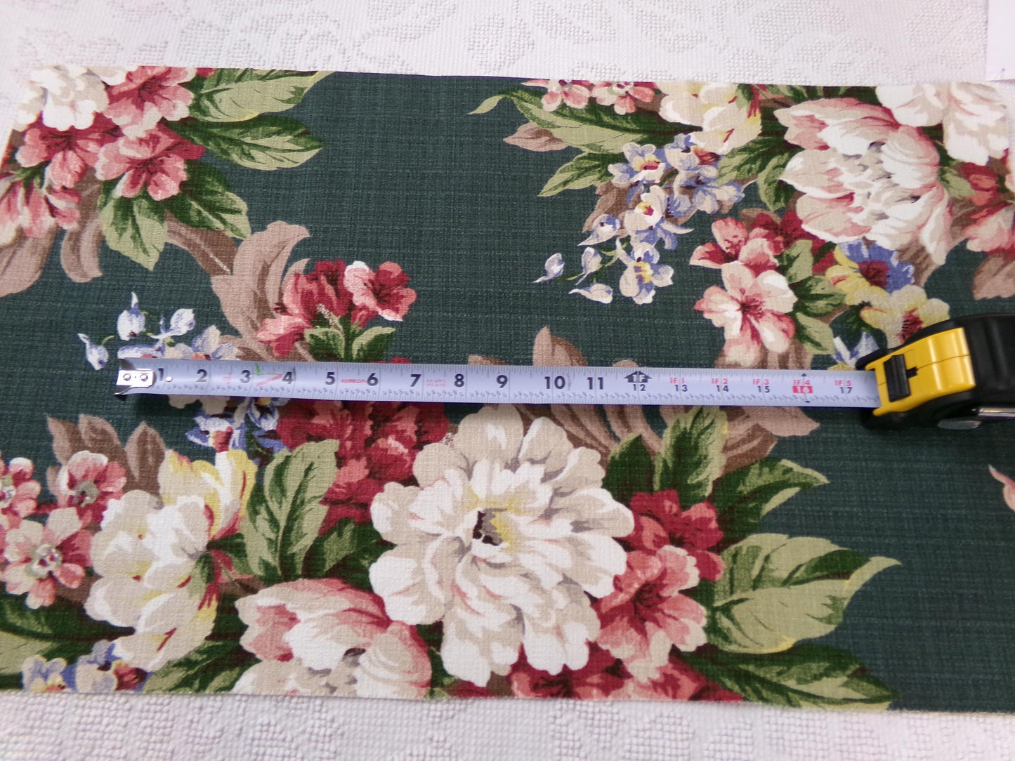 Vintage 1940s Style Repro Barkcloth Fabric Dark Green Cottage Garden Floral, 15.5" x 26"