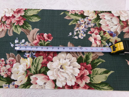Vintage 1940s Style Repro Barkcloth Fabric Dark Green Cottage Garden Floral, 15.5" x 26"