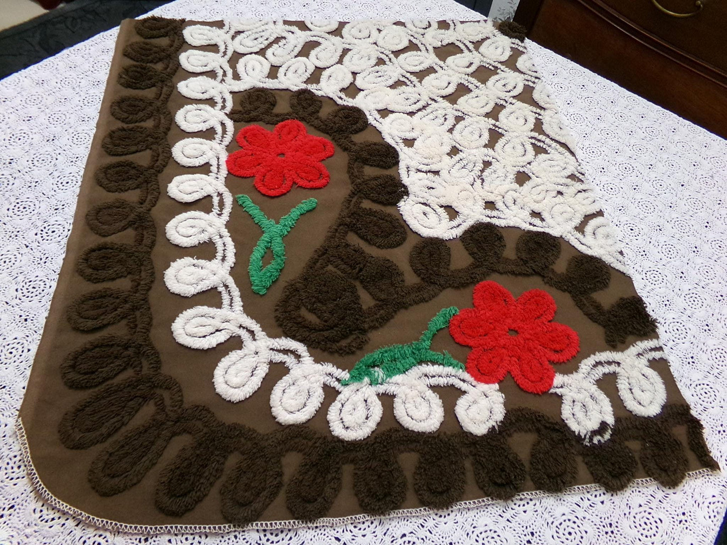 Rich Chocolate Vintage Chenille Bedspread Fabric Cherry Red Flowers 20x24"