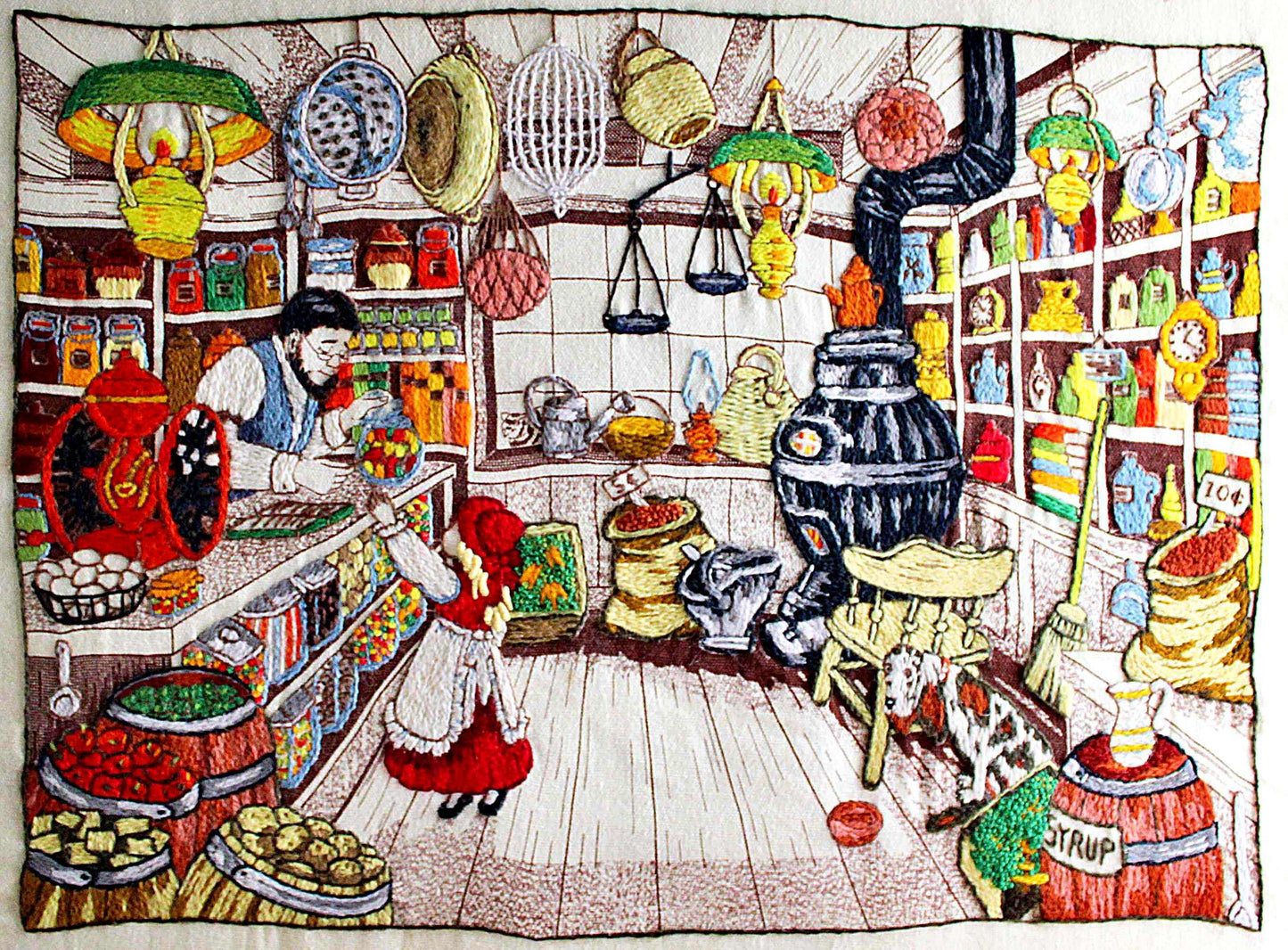 Old-Fashioned Country Store Crewel Embroidery Piece, "Penny Candy" Completed Stitchery, Vintage Paragon Needlecraft, Outstanding Needlework
