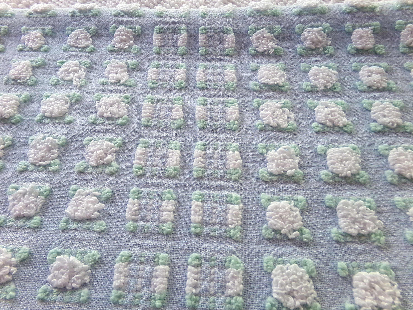 White Rosebud Vintage Chenille FABRIC, Phantom Morgan Jones Blue Terrace Roses, 24" x 18.5" inch Piece, Beautiful in Quilts