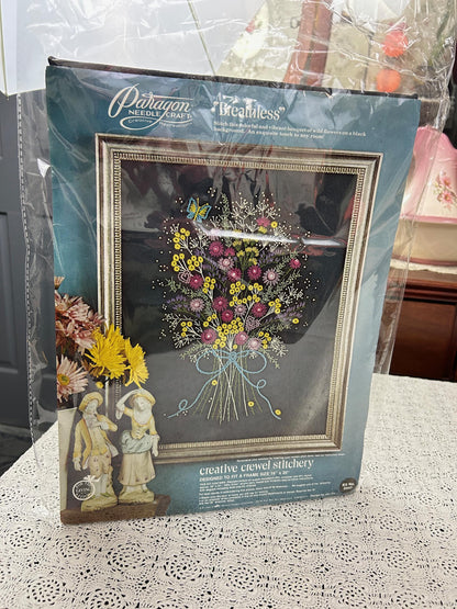 BREATHLESS Vintage Crewel Stitchery Kit, Boho Black Floral Paragon 0443 Embroidery
