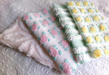 Chenille Squares Set, "Spring Bliss," 16 Vintage Fabric Quilt Blocks, 6" inch in White Daisy, Pink & Yellow Rosebud, Mint Green