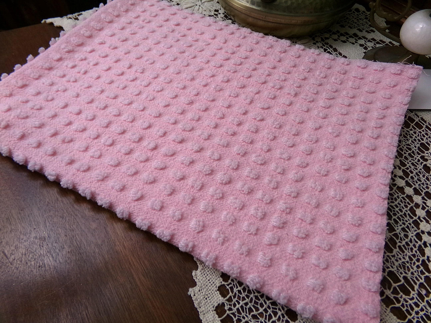 Pink Pops Vintage Chenille Bedspread Fabric Piece Popcorn Dots, 18" x 24"