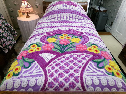 Vintage Rainbow Floral Chenille Bedspread, Bold Purple Full Size Flower Basket Design