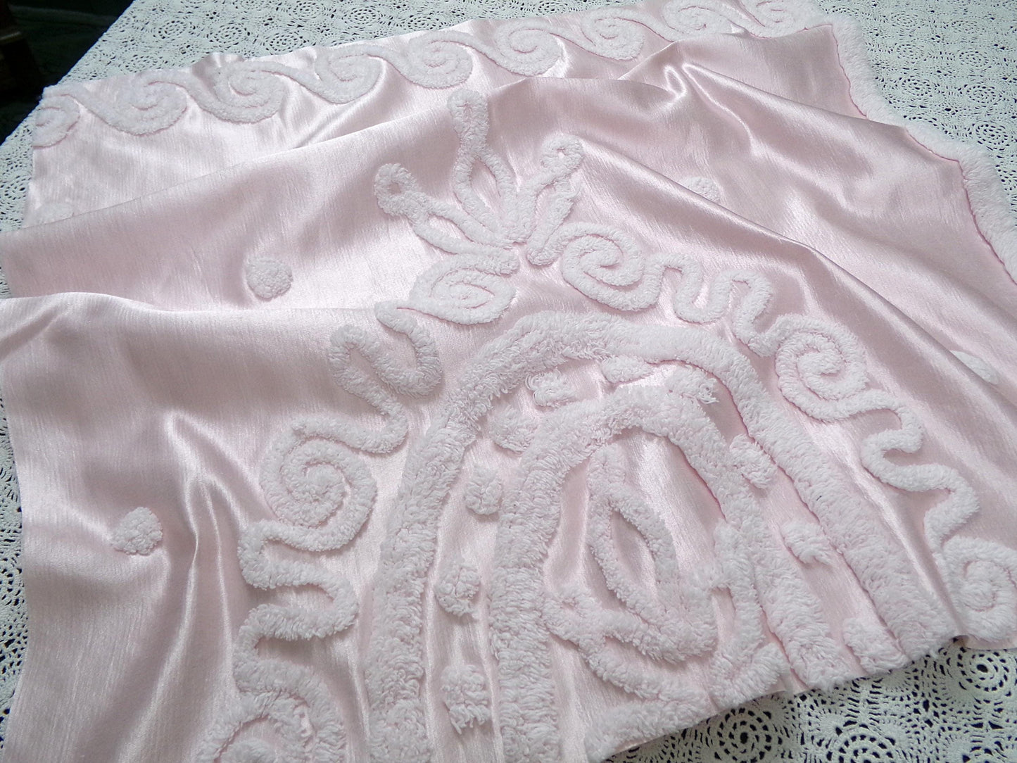 Romantic Pink Vintage Satin Chenille Fabric, Shabby Sewing Material 22" x 23" Piece