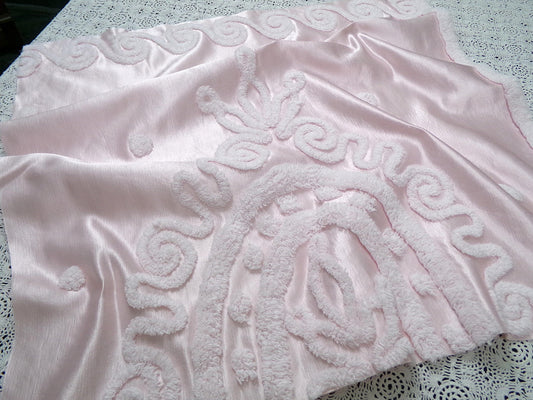 Romantic Pink Vintage Satin Chenille Fabric, Shabby Sewing Material 22" x 23" Piece