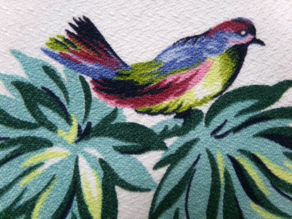 Vintage Barkcloth Fabric 22 x 22" Botanical Floral Exotic Birds Rose Peony Chinoiserie Mid Century