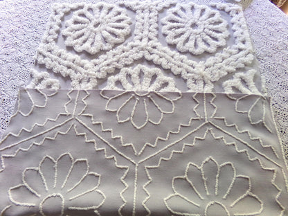 lavender mist cottage style chenille fabric, plush white ruffle daisies, 17" x 26" piece of vintage sewing material for quilting, fiber arts
