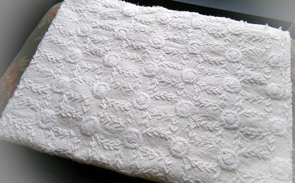 Ivory Embroidered Vintage Fabric Piece 20x24" Candlewick Style Lattice Daisy Medallions