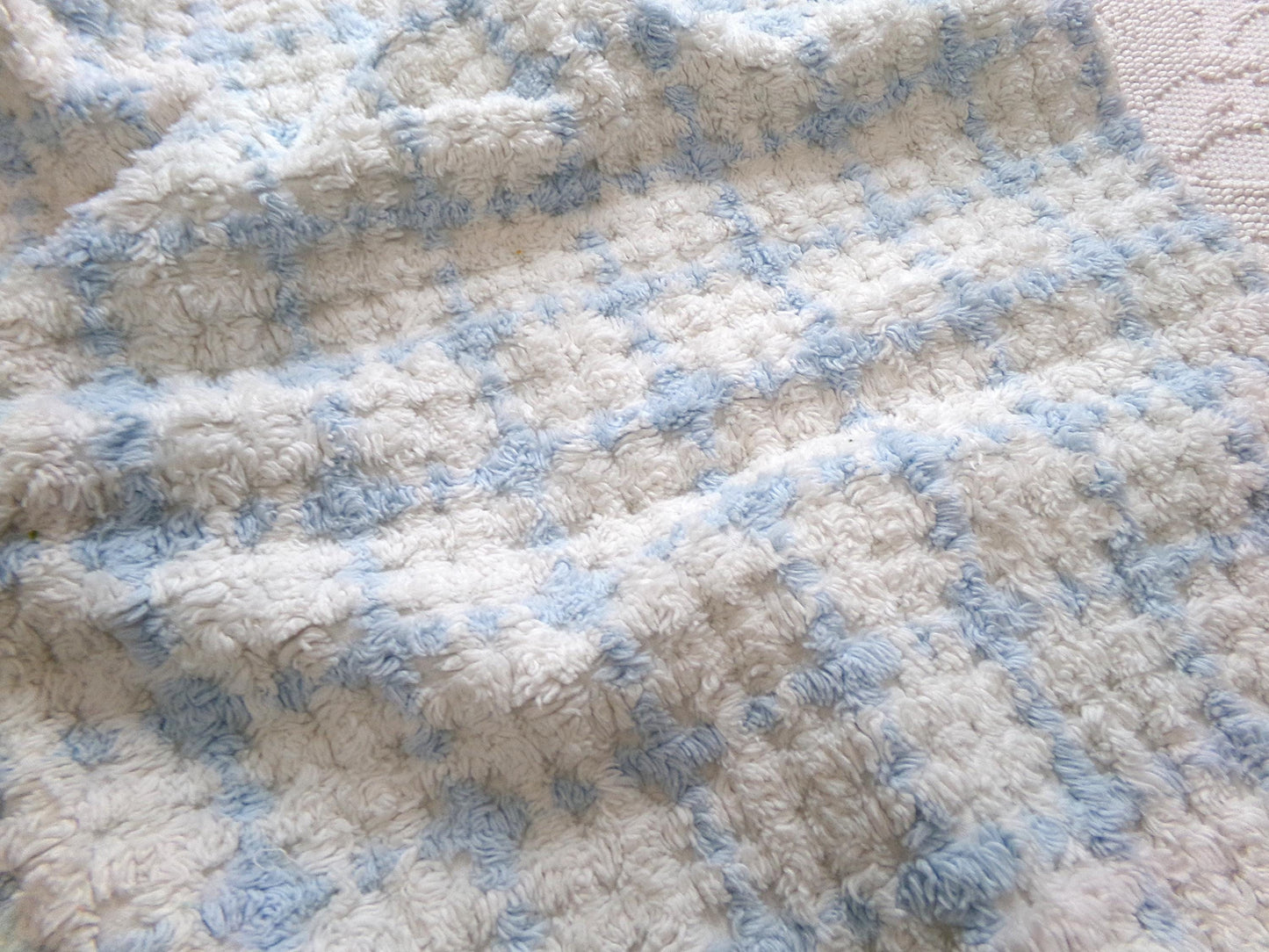 blue & white check vintage chenille fabric, cottage plaid 17x30" pc