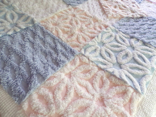 Fluffy Soft 6" Chenille Fabric Squares, Set of 16 Quilt Blocks, Pink, Blue & White Daisy Designs Cut from Vintage Chenille Bedspreads