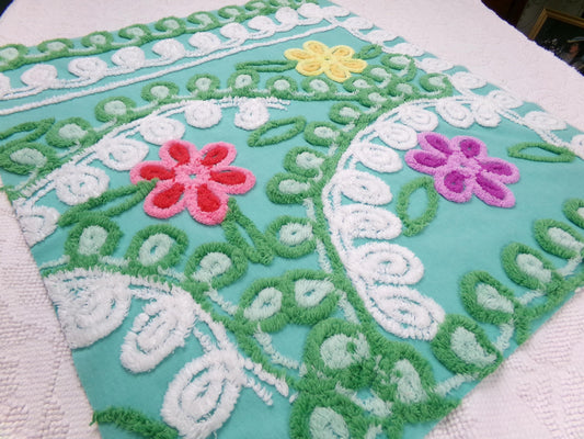 Vintage Aqua Chenille Bedspread Fabric Floral Scroll Cottagecore Shabby Chic 24x21"