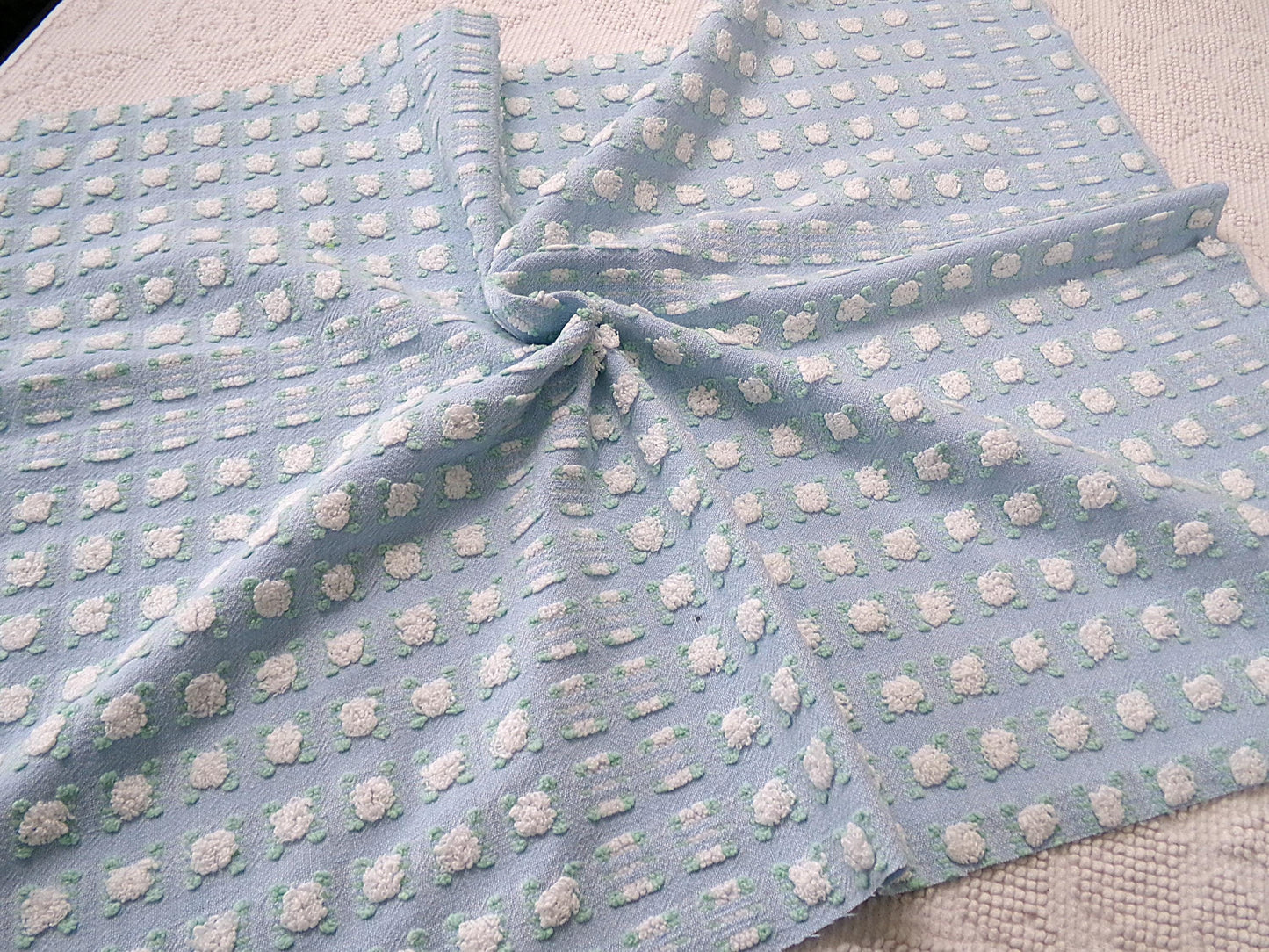 White Rosebud Vintage Blue Chenille Fabric, Shabby Phantom Rose Morgan Jones, 19x26"