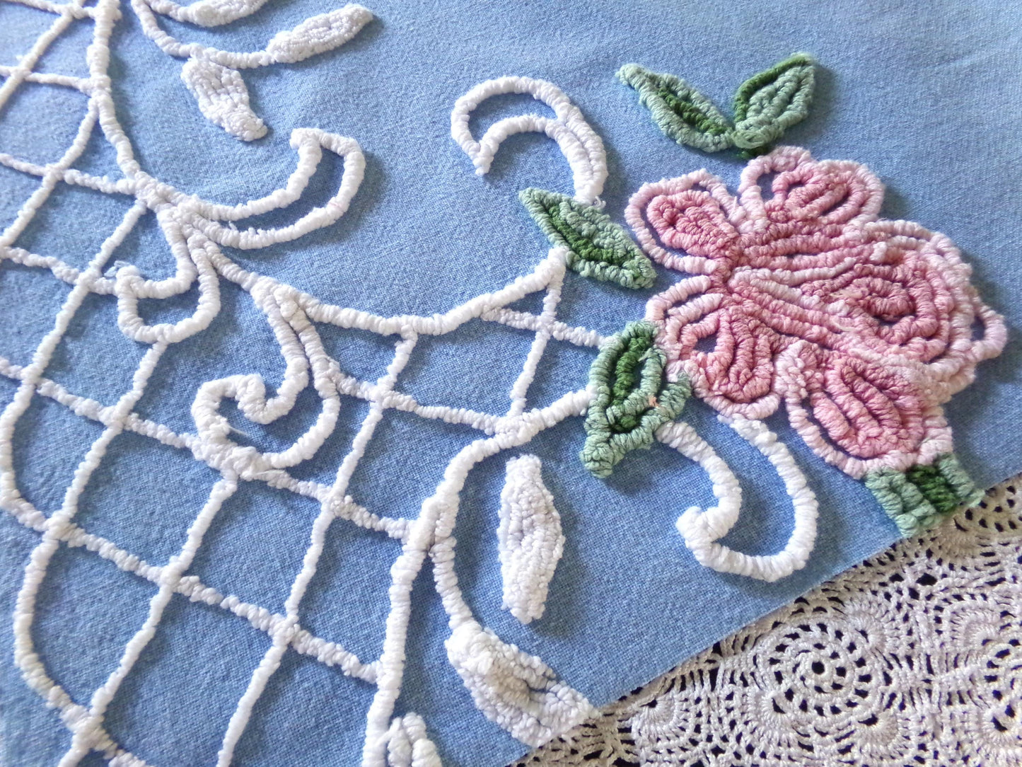 shabby chic pink rose vintage chenille fabric, pretty blue background, dainty white scrollwork, 18" x 22" piece of sewing material