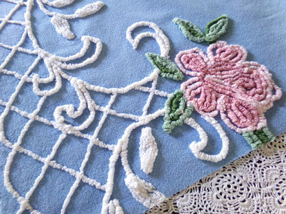 shabby chic pink rose vintage chenille fabric, pretty blue background, dainty white scrollwork, 18" x 22" piece of sewing material