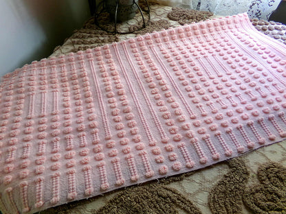 Unique Windowpane Pops Vintage Chenille Fabric, 22" x 22" Piece, Texture Tuft Popcorn Dots & Dashes in Rosy Pink