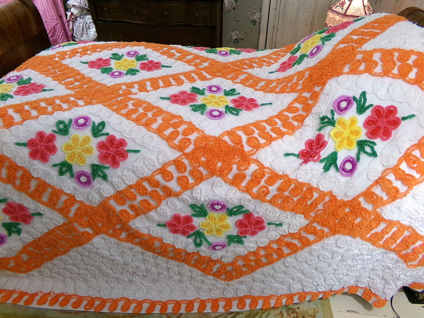diamond citrus vintage chenille bedspread, plush large floral design in colorful orange & white, full size cotton bedding