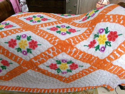 diamond citrus vintage chenille bedspread, plush large floral design in colorful orange & white, full size cotton bedding