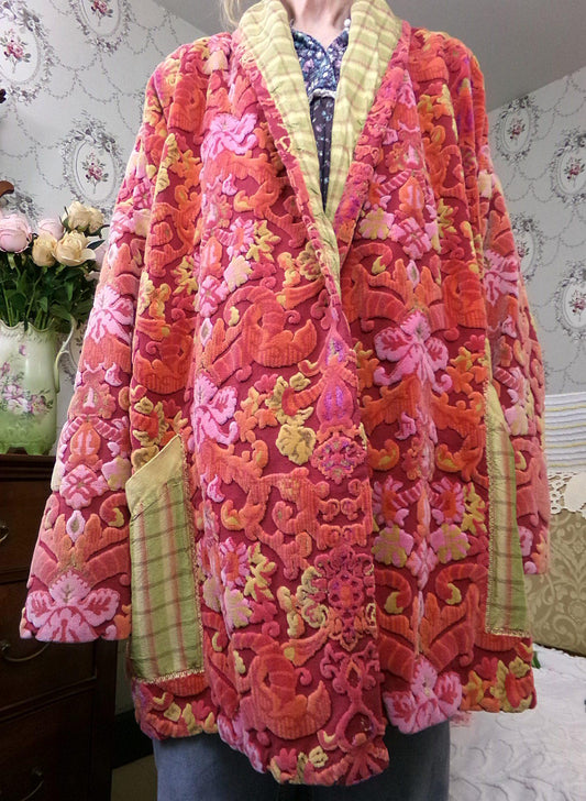 Vintage Bates Velvet Chenille Jacket Handmade Oversized Womens Red Baroque Damask Boho Style, s/m/l/xl