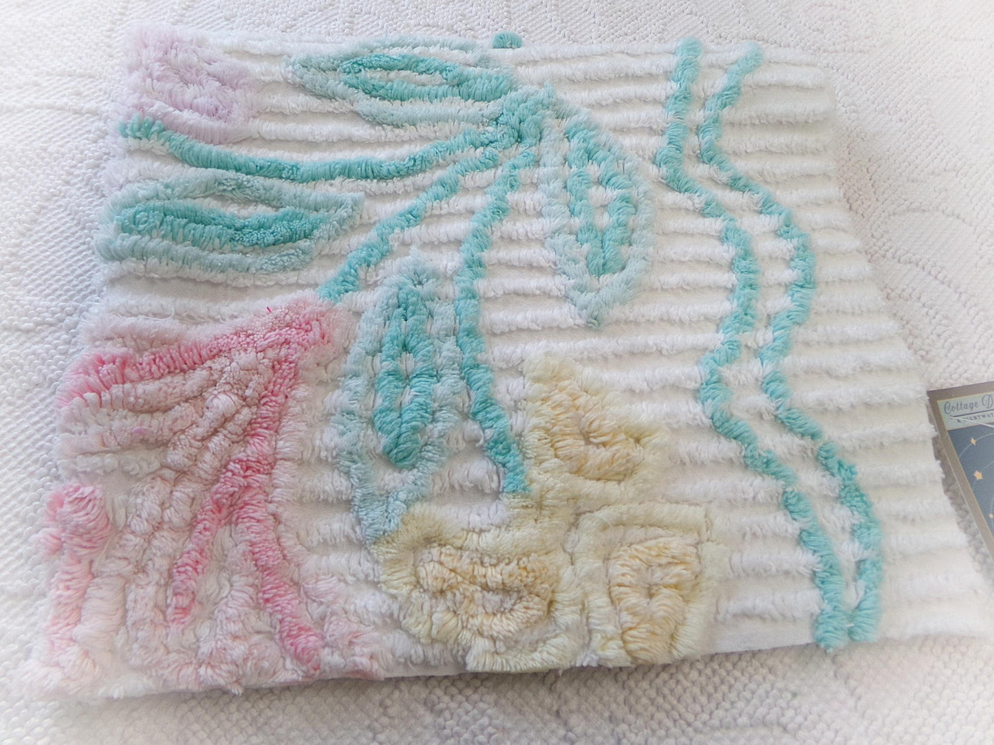 Pastel Floral Vintage Chenille Bedspread Fabric, Cottage Chic Design 18" x 24" piece sewing material
