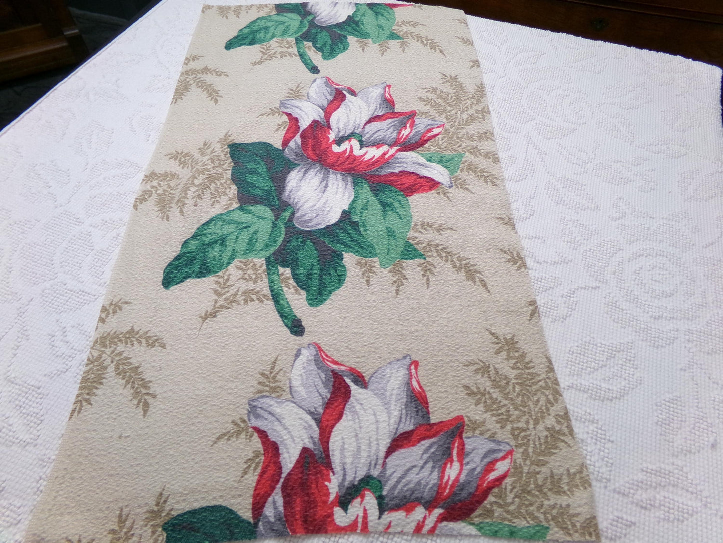 Vintage Barkcloth Fabric 16x27" Floral Magnolia Bloom Red White Green Tan