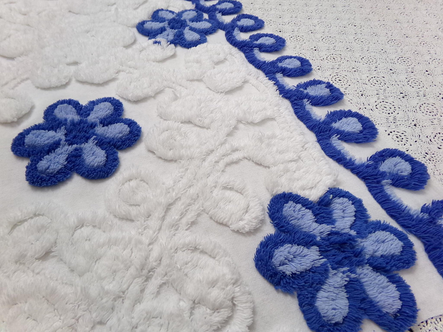 Vintage Chenille Fabric Piece, Blue White Floral Coastal Chic Quilting Material 14x25"