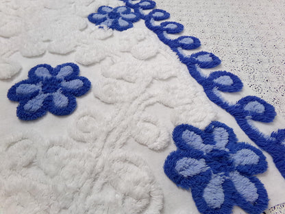 Vintage Chenille Fabric Piece, Blue White Floral Coastal Chic Quilting Material 14x25"