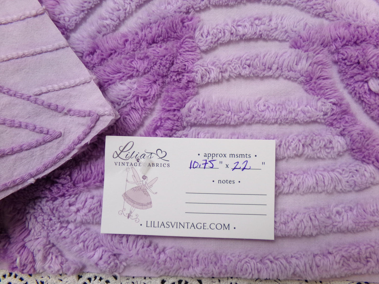 Lilac Floral Vintage Chenille Bedspread Fabric Piece 10.75x22" Plush Sewing Material