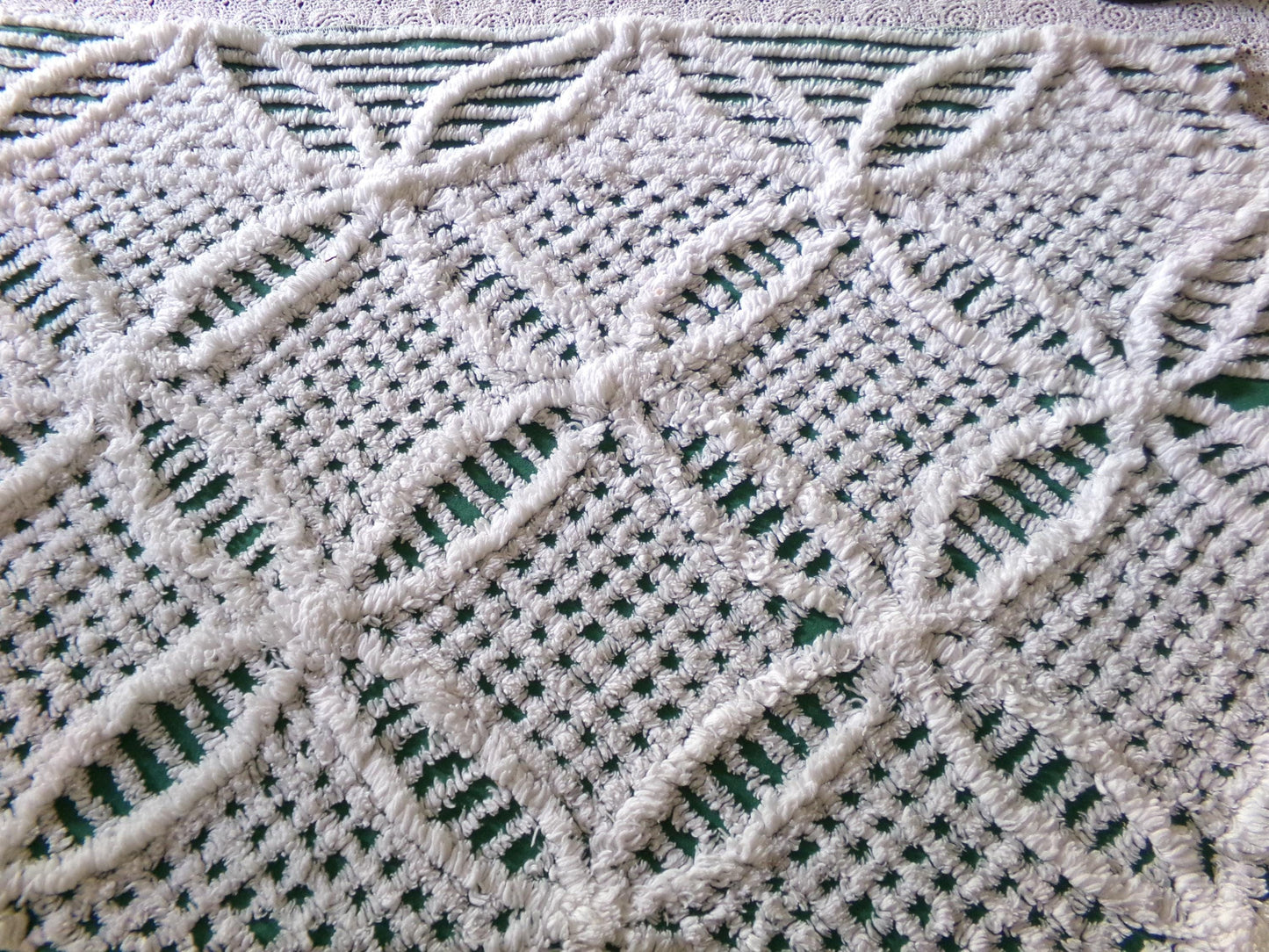 green & white vintage chenille bedspread fabric, 18" x 26" geometric design