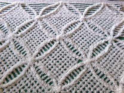 green & white vintage chenille bedspread fabric, 18" x 26" geometric design
