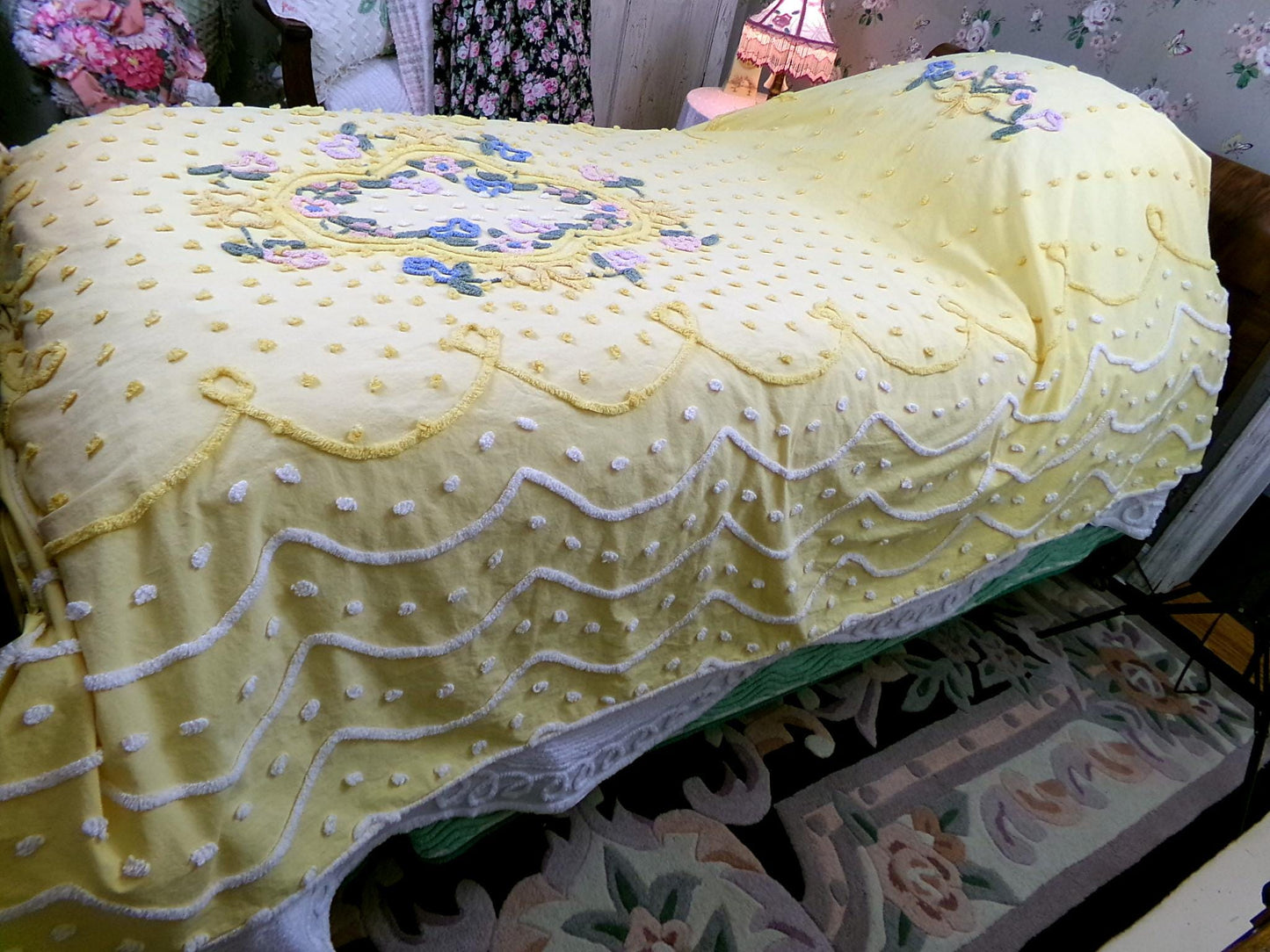 Sunny Floral Vintage Chenille Bedspread, Cotton Summer Coverlet, Twin Sz Bedding