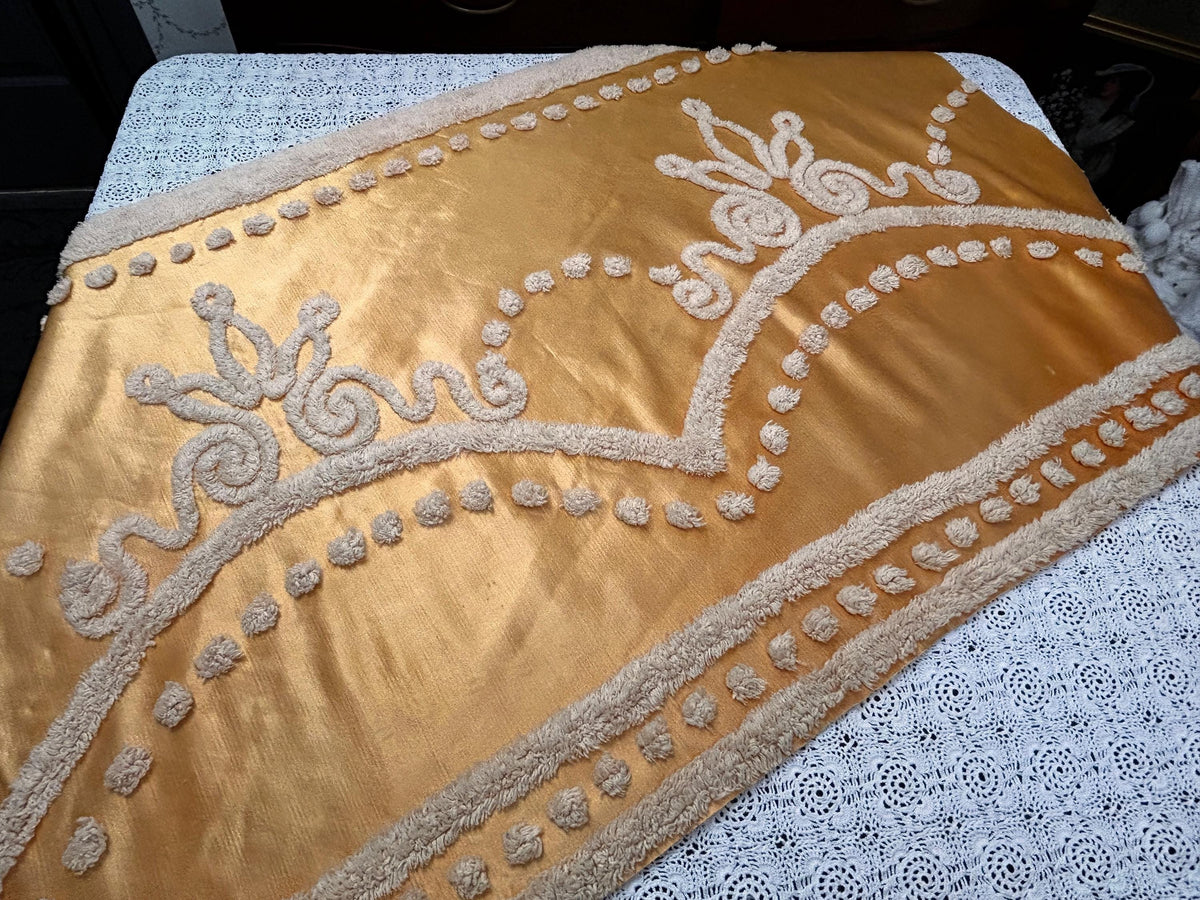 Vintage Gold Satin Fabric, Scroll Tufted Chenille Crowns 23x36" Piece