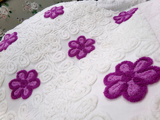Violets in Snow Vintage Cotton Chenille Fabric - Plush Florals in White Curlicues, Quilt & Craft Material, 19" x 25" Piece