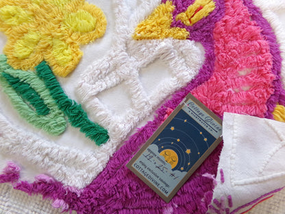 colorful peacock vintage chenille fabric piece, 19" x 25" panel, great for wallhanging or quilt inlay