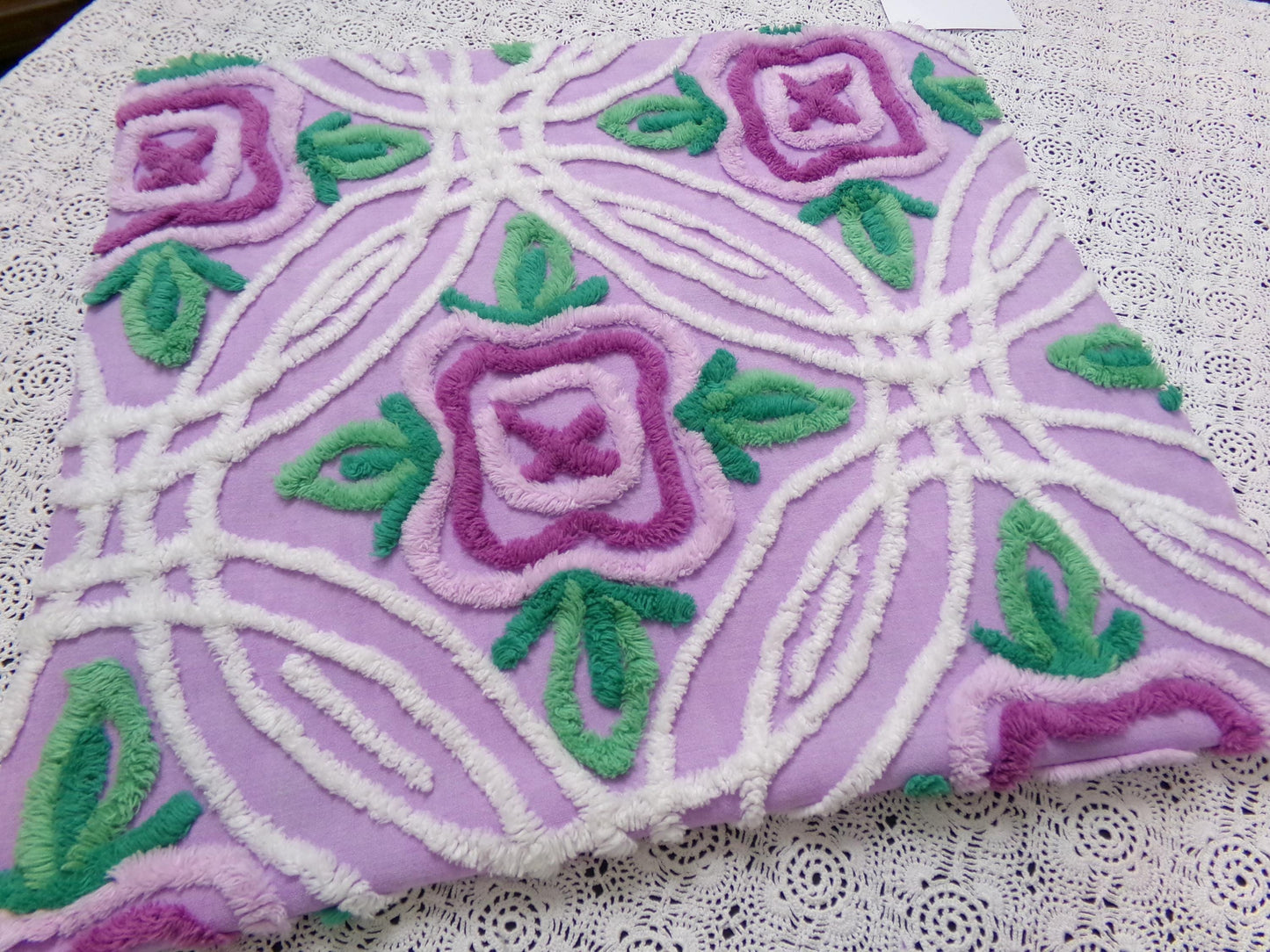 Vintage Chenille Bedspread Fabric Lilac Cabbage Roses 17.5 x 34" Cottage Quilt Sewing Material