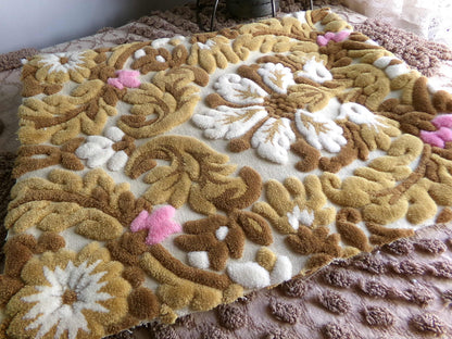 vintage cut velvet fabric, chocolate caramel Bates tapestry chenille, 12" x 21" inch piece, great sewing material for small bags