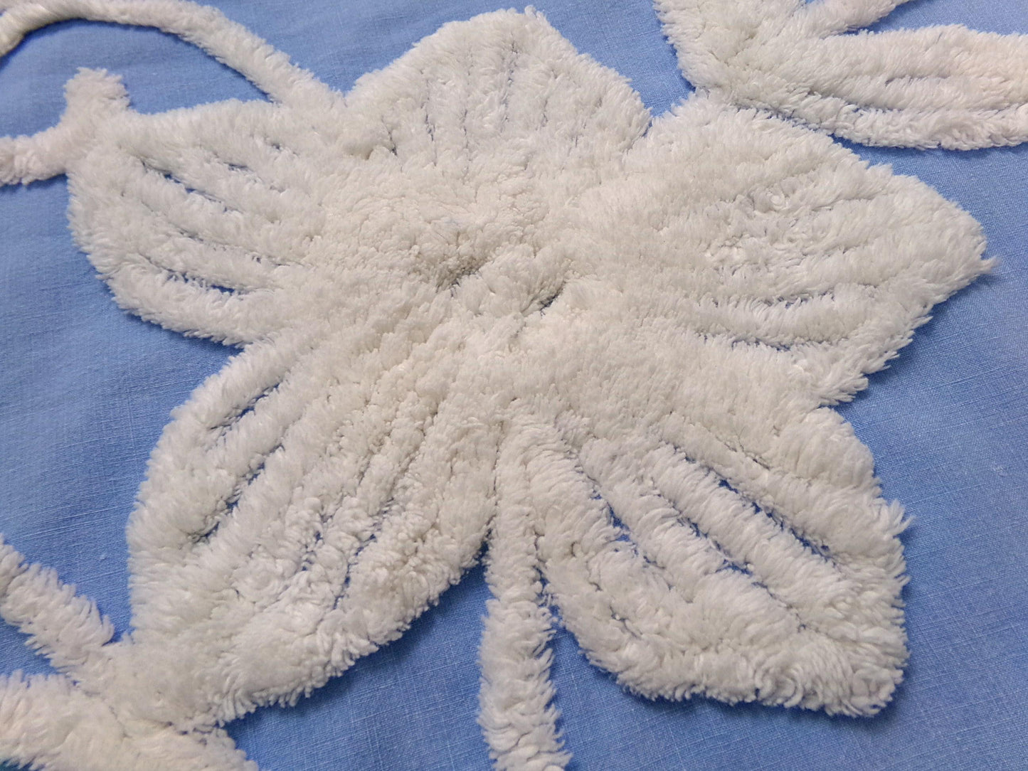 Vintage Chenille Fabric Piece, White Botanical Floral on Sky Blue, 21" x 24" Sewing Material