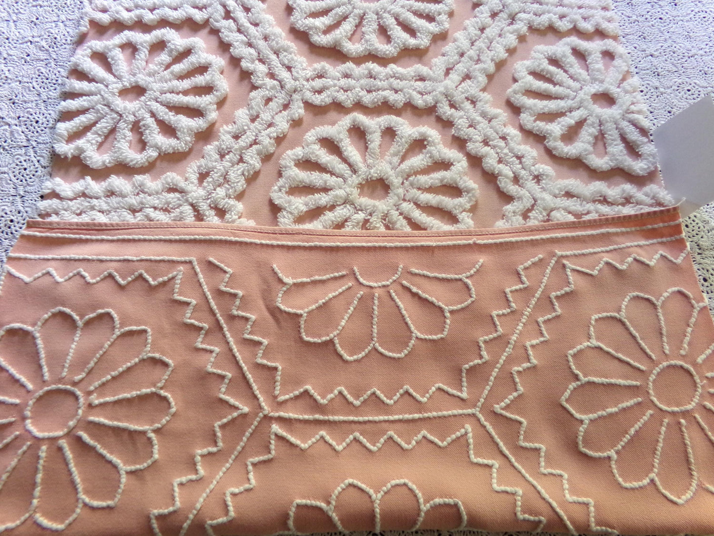 shabby ruffle daisy vintage chenille fabric, white geometric floral on peach 26" x 19" inch piece of cotton quilt & sewing material
