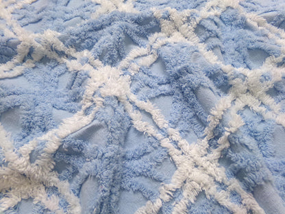 Vintage Chenille Fabric Baby Blue White Geometric Tufted Cottage Coastal Chic, 18" x 22"
