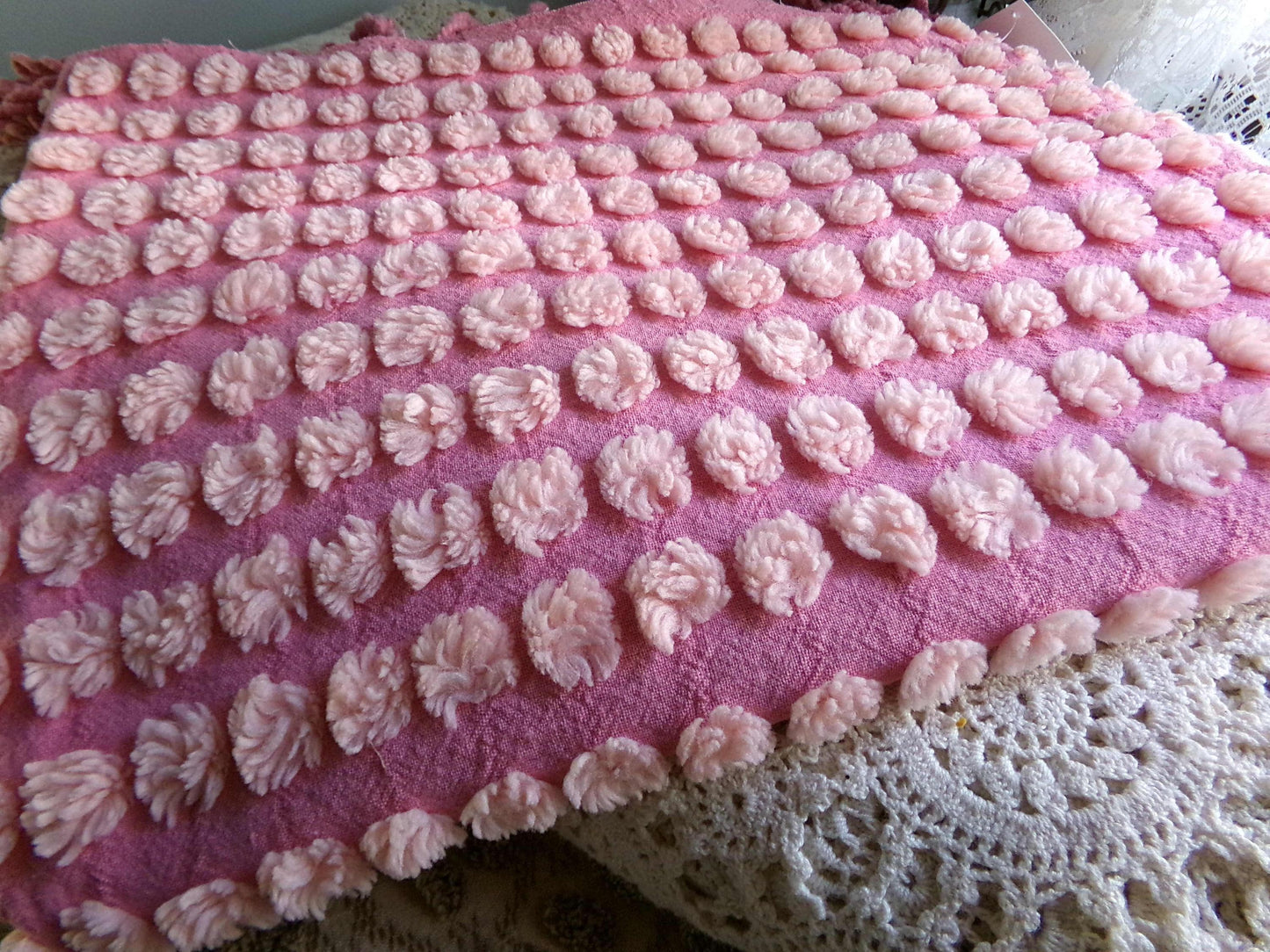 fluffy puff pops chenille fabric, sweet oversize bobbles on pink rose, 20" x 24" inch piece great for chenille quilts & sewing projects