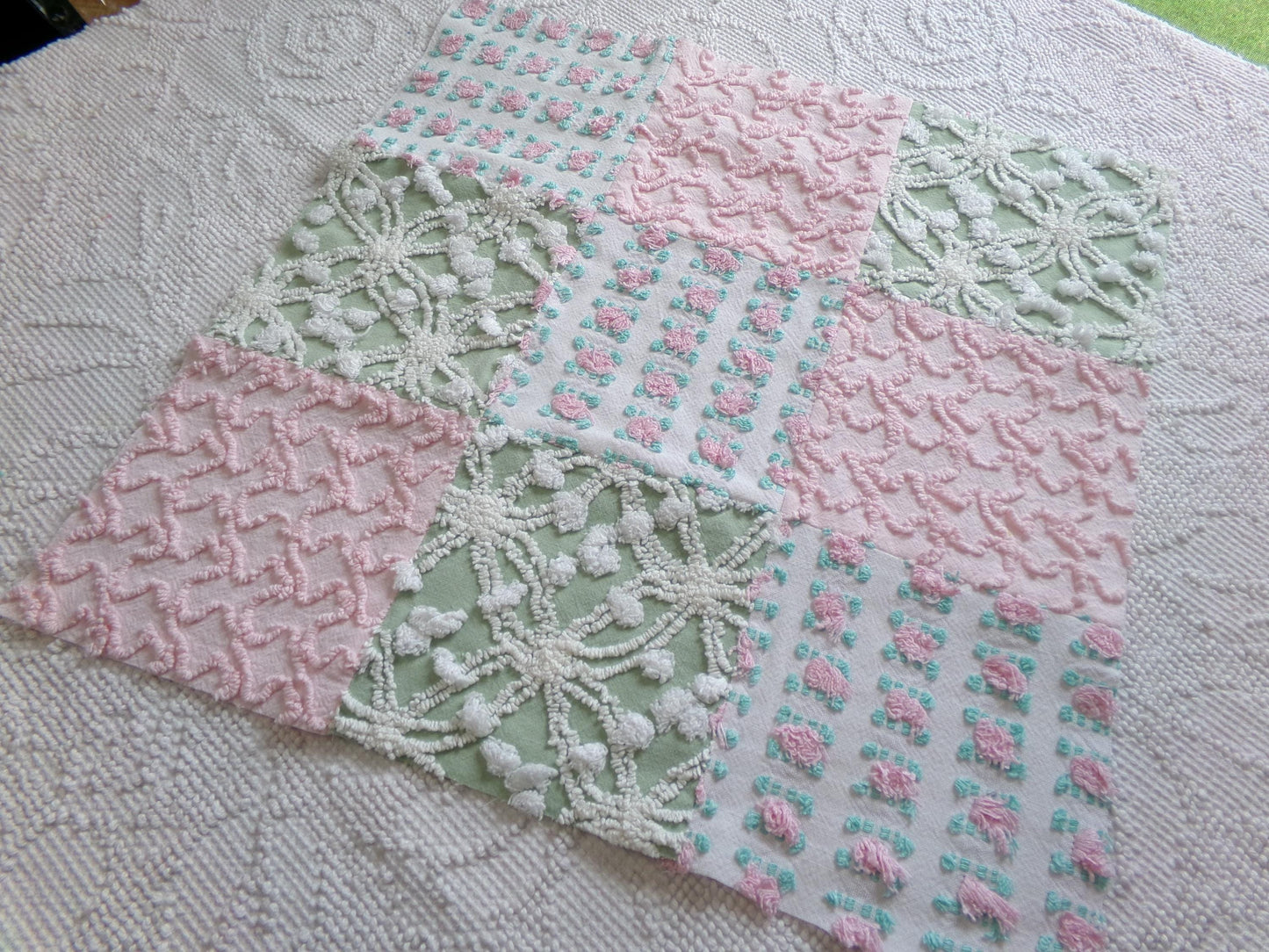 Vintage Patchwork Chenille Fabric Craft Panel, 16" Square, Cottage Style DIY Pillows