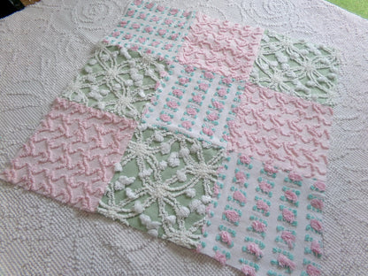 Vintage Patchwork Chenille Fabric Craft Panel, 16" Square, Cottage Style DIY Pillows