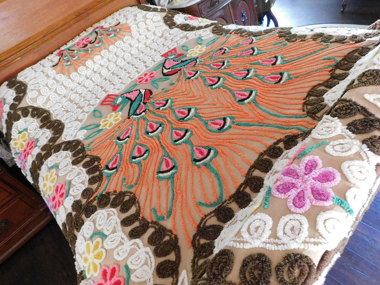 Boho Vintage Peacock Chenille Bedspread, "Opposites Attract" Lovebirds, FULL Sz
