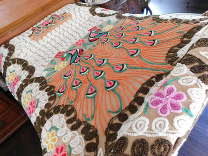 Boho Vintage Peacock Chenille Bedspread, "Opposites Attract" Lovebirds, FULL Sz