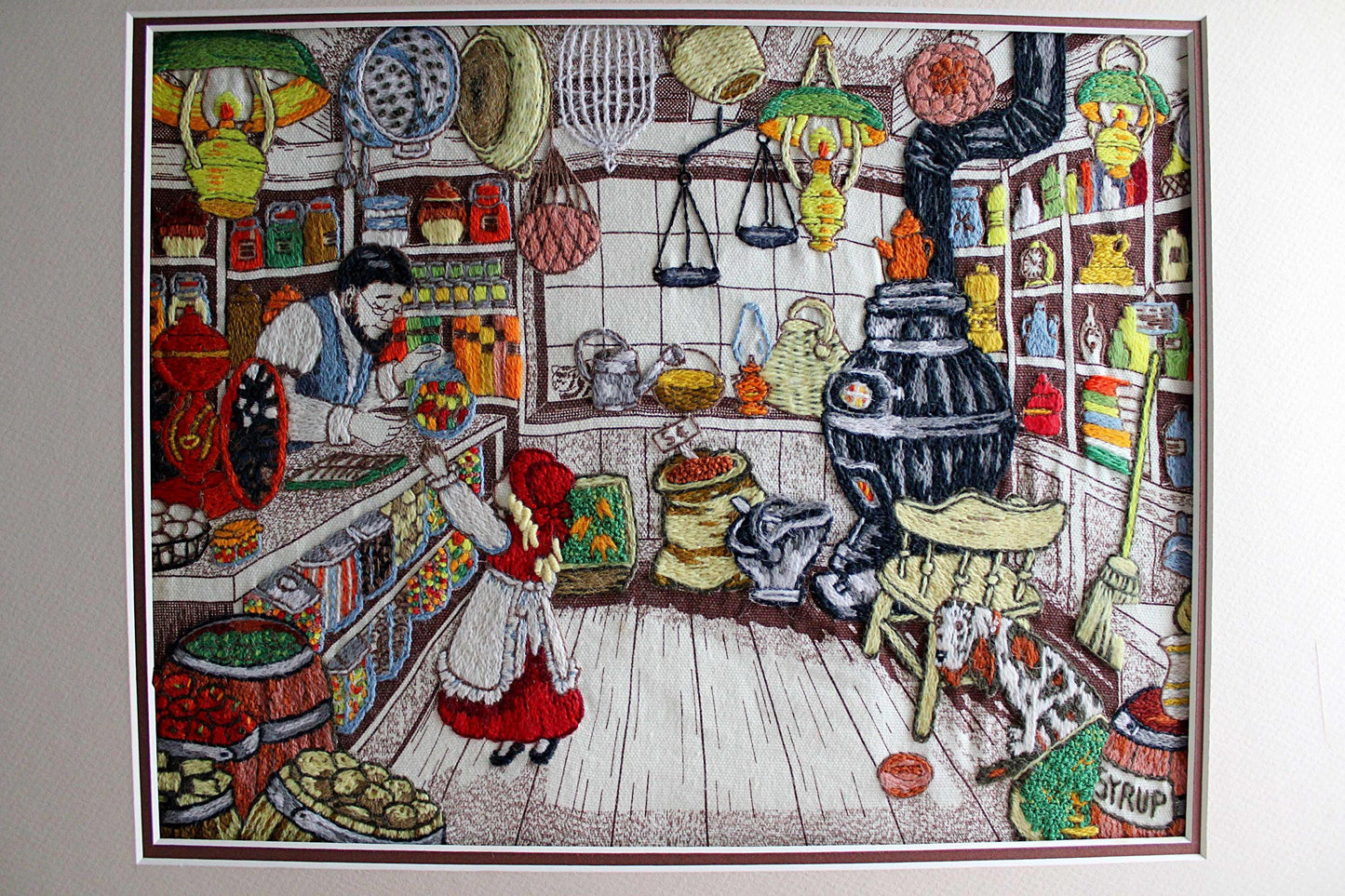 Old-Fashioned Country Store Crewel Embroidery Piece, "Penny Candy" Completed Stitchery, Vintage Paragon Needlecraft, Outstanding Needlework
